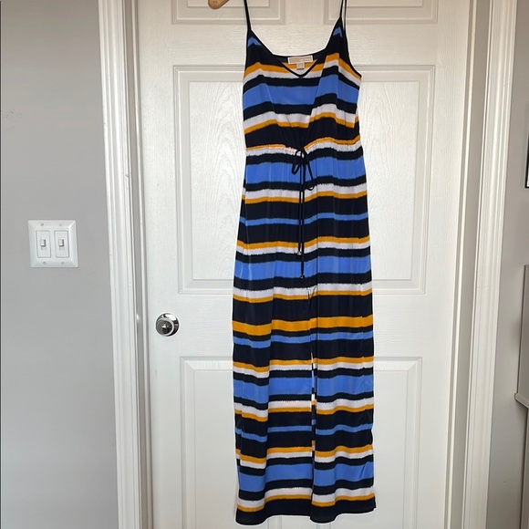 Michael Kors Striped Maxi Dress Medium Sleeveless Cami Blue, Black, and Yellow - Picture 2 of 11